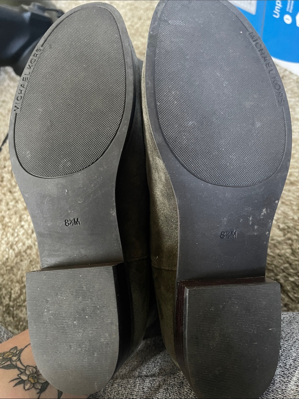 Michael Kors Dark Olive Suede Ankle Booties with Gold MK Zip Pull - Picture 5 of 5